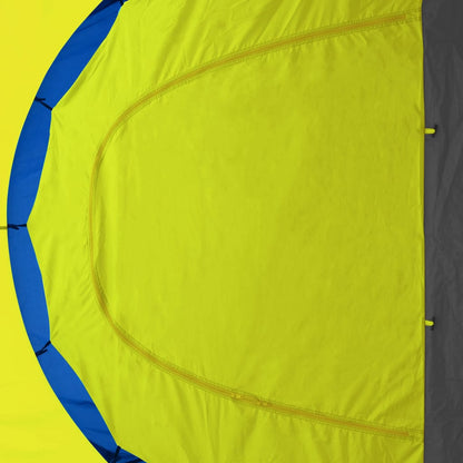 Detail van de gele tentwand van de vidaXL 9-persoons tent met blauwe accenten.