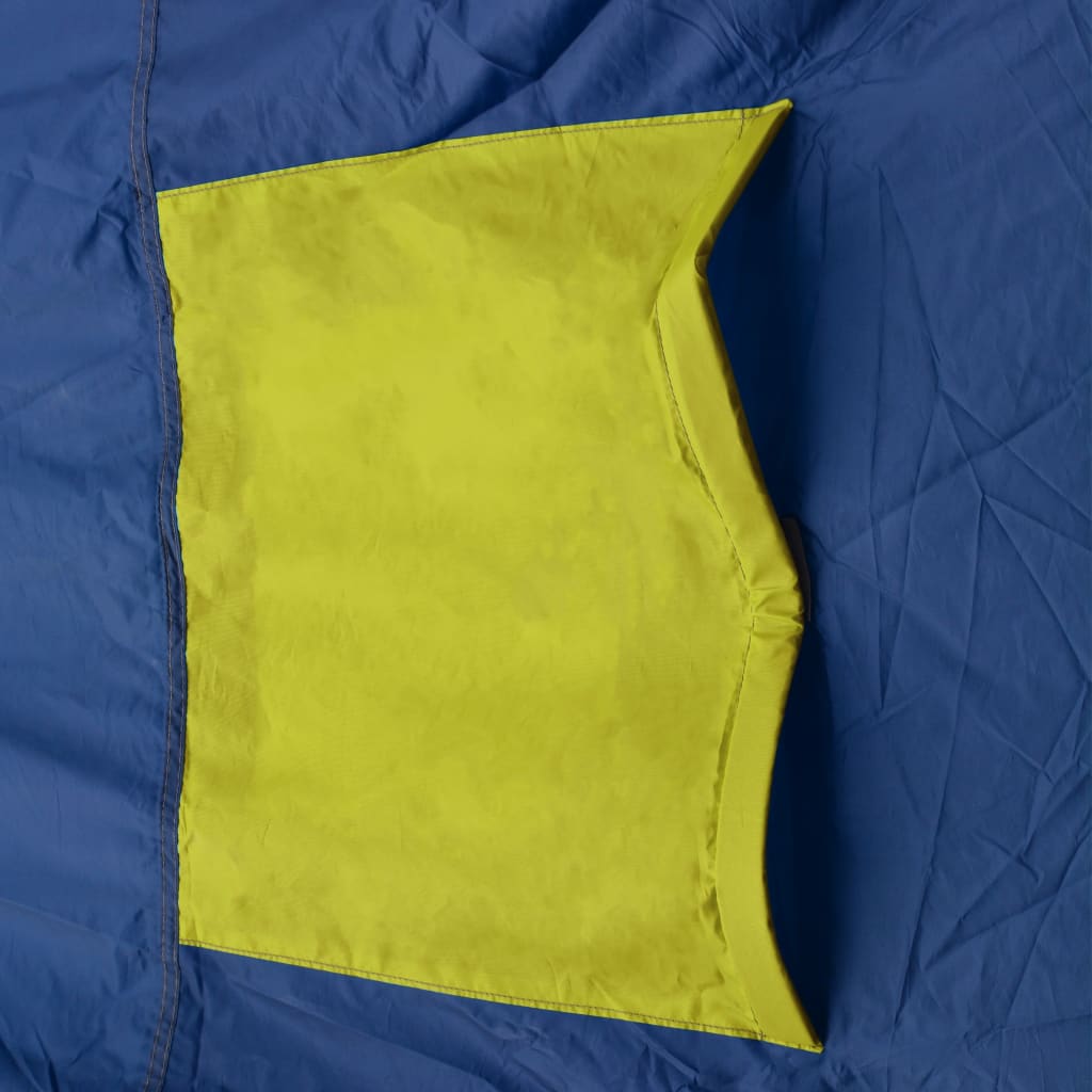 Detail van de gele ingang van de vidaXL tent, met blauw polyester materiaal.