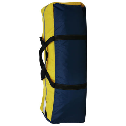 Detail van de tent vidaXL in blauw en geel, opgerold met handvatten voor transport.