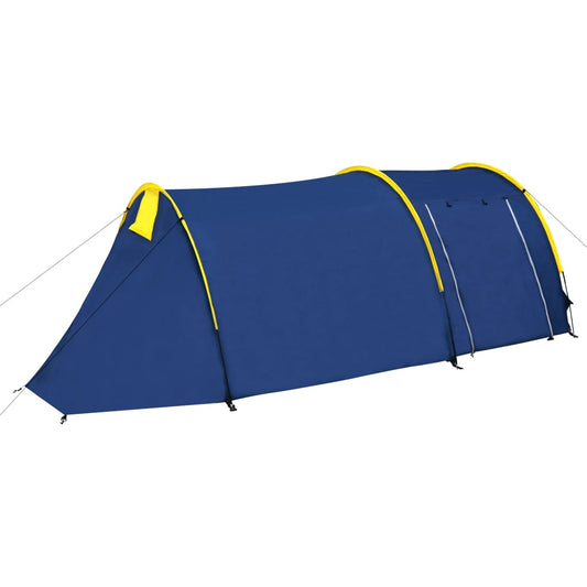 Marineblauwe vidaXL tent voor 6 personen met gele accenten, zijaanzicht.