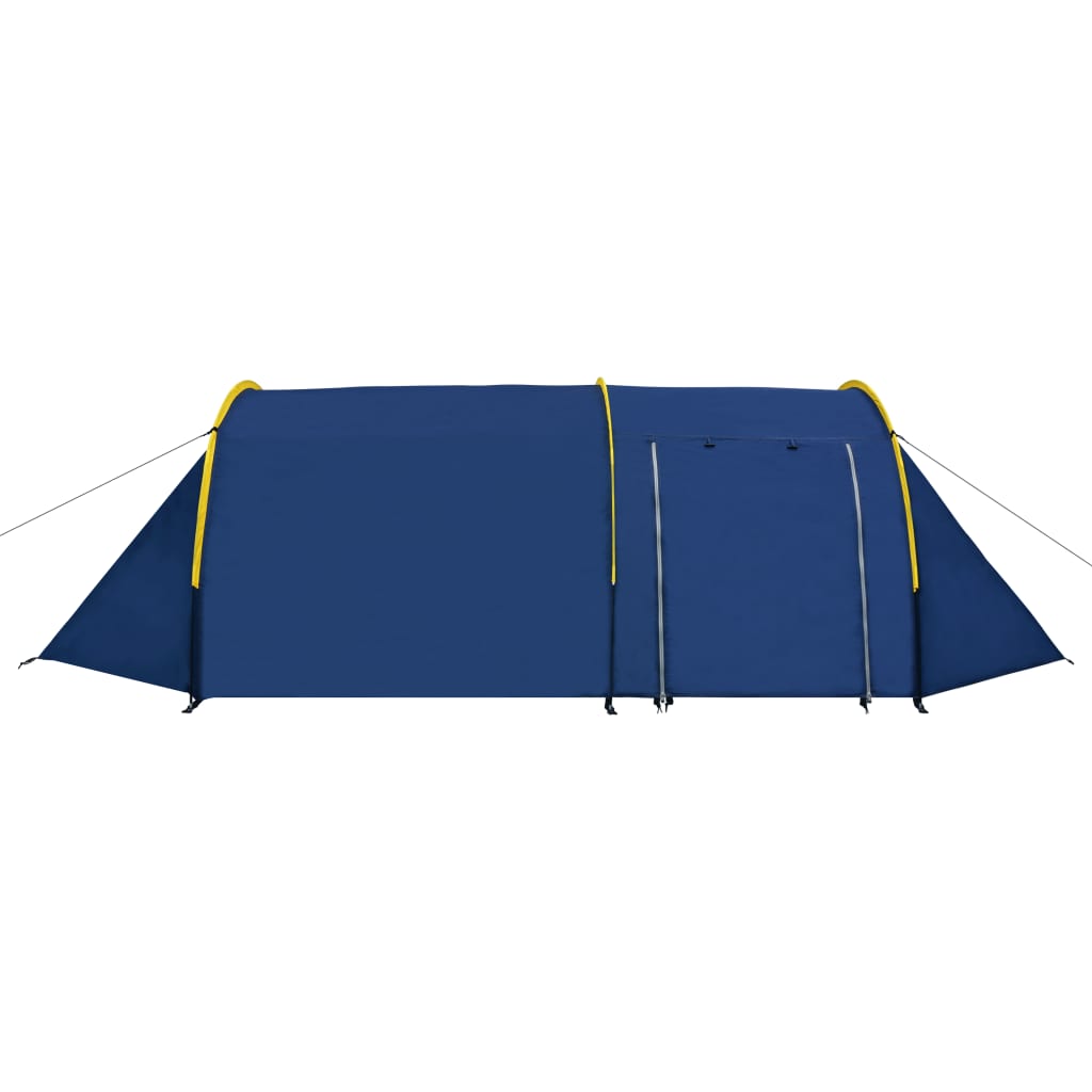 Zijaanzicht van de vidaXL 6-persoons tent in marineblauw met gele accenten.