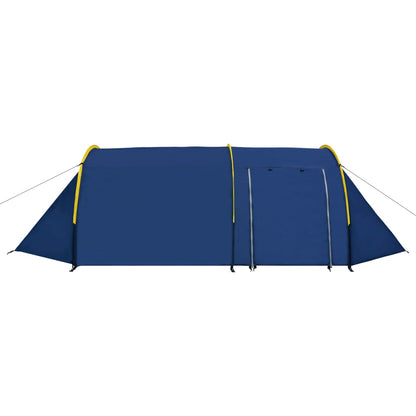 Zijaanzicht van de vidaXL 6-persoons tent in marineblauw met gele accenten.