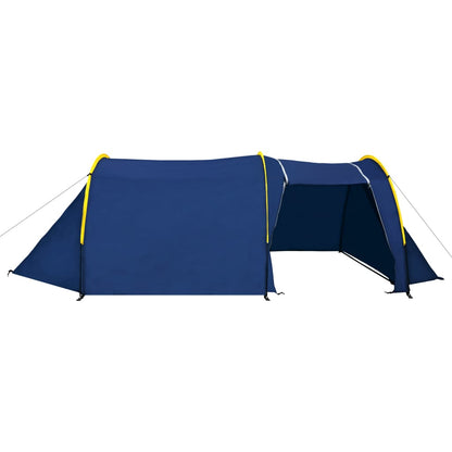 Zijaanzicht van de vidaXL 6-persoons tent in marineblauw met gele details.