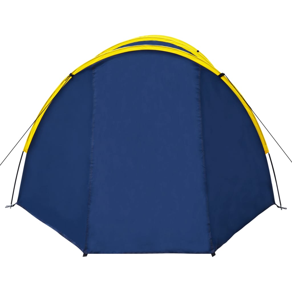 Detail van de marineblauwe tent met gele boog, zijaanzicht van de vidaXL 6-persoons tent.
