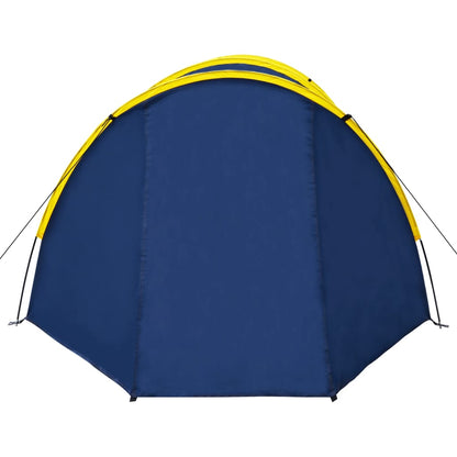 Detail van de marineblauwe tent met gele boog, zijaanzicht van de vidaXL 6-persoons tent.