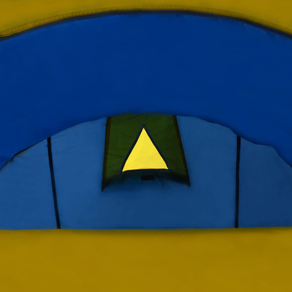 Detail van het binnenste van de vidaXL tent met een driehoekig ventilatierooster in geel.