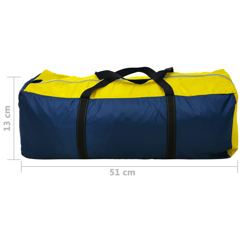 Draagtas van de vidaXL 6-persoons tent in marineblauw en geel, zijaanzicht.