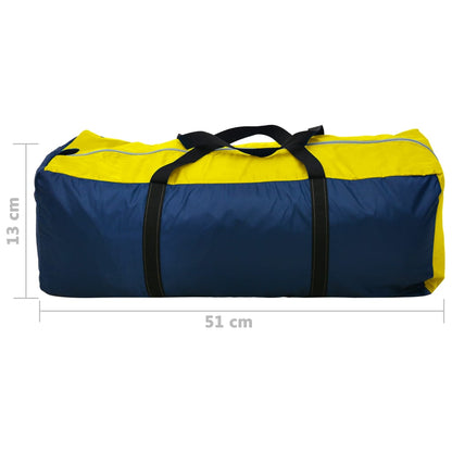 Draagtas van de vidaXL 6-persoons tent in marineblauw en geel, zijaanzicht.