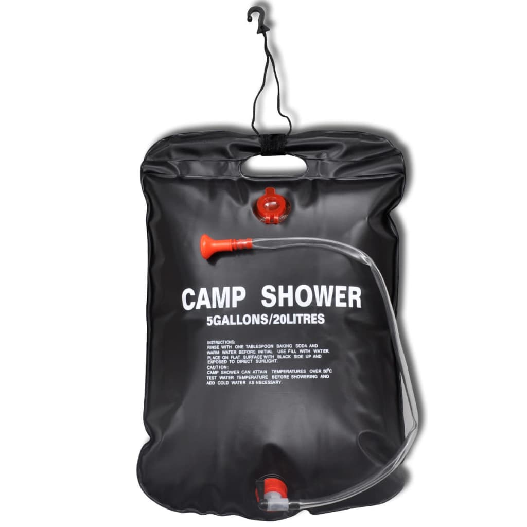 Zijaanzicht van de vidaXL Solar campingdouche van 20 L met aanvoerslang en klep.