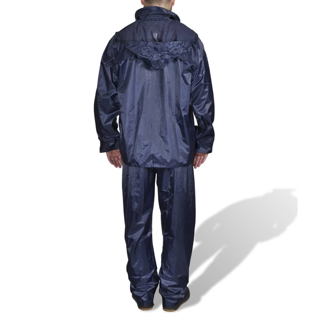 Achteraanzicht van het vidaXL 2-delige regenpak voor heren in marineblauw.