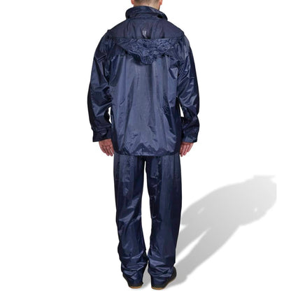 Achteraanzicht van het vidaXL 2-delige regenpak voor heren in marineblauw.