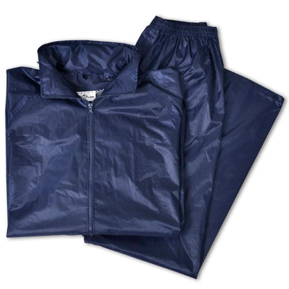 Detail van het vidaXL regenpak in marineblauw, met capuchon en elastische tailleband.