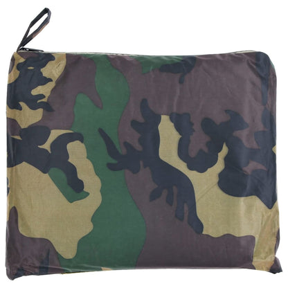 Detail van het camouflagepatroon van het vidaXL regenpak, opgevouwen in een tas.
