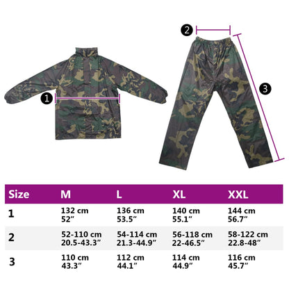 Detail van het camouflage regenpak van vidaXL met capuchon, maat L, achteraanzicht.