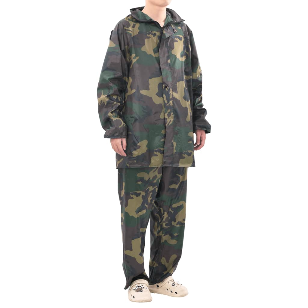 Camouflage vidaXL regenpak met capuchon, zijaanzicht van de comfortabele pasvorm.