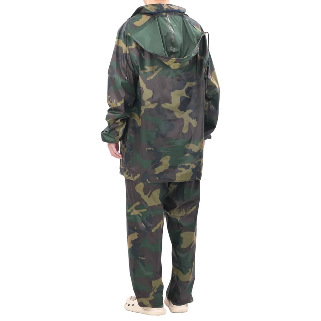 Detail van het vidaXL regenpak in camouflage, achterkant met capuchon en elastische mouwen.