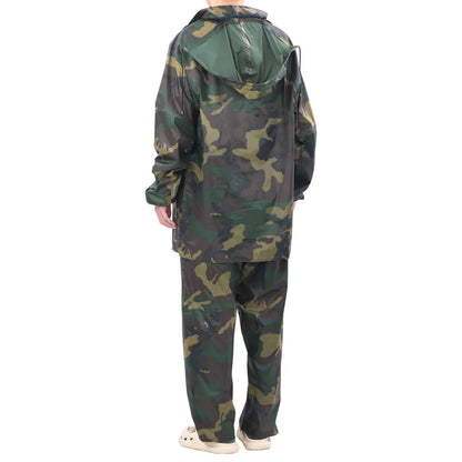 Detail van het vidaXL regenpak in camouflage, achterkant met capuchon en elastische mouwen.