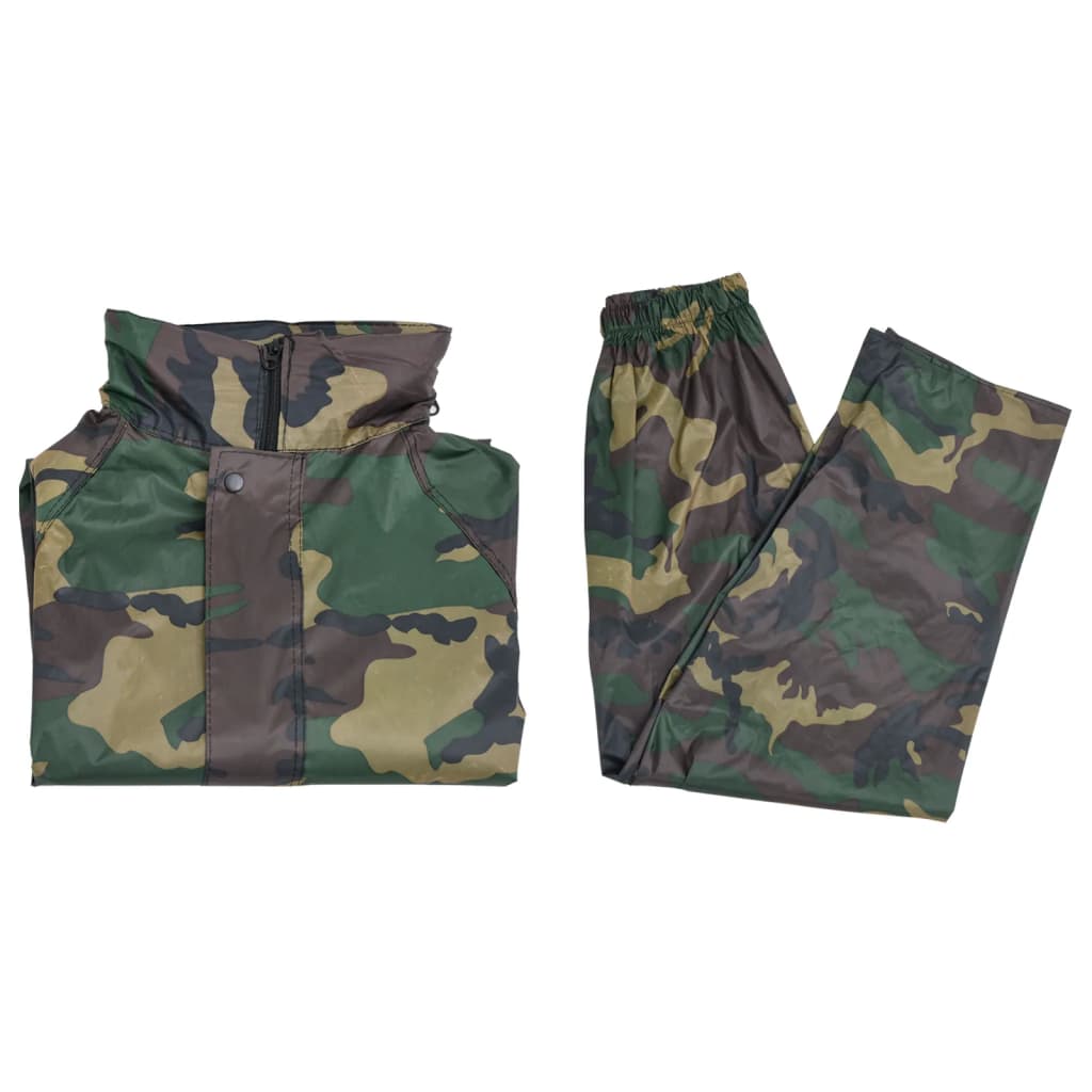 Detail van het camouflage regenpak van vidaXL, bestaande uit jack en broek.
