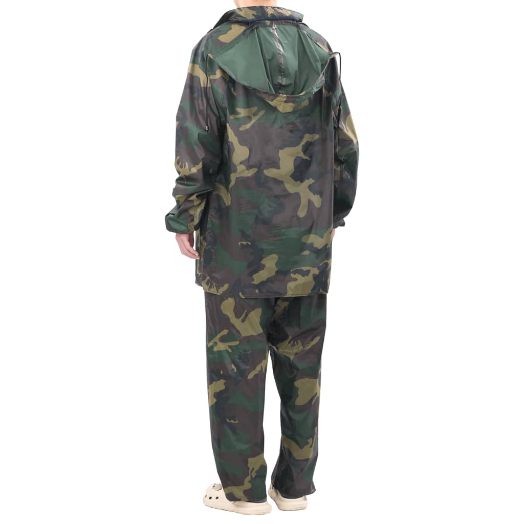Achteraanzicht van het vidaXL 2-delige camouflage regenpak met capuchon in maat XL.