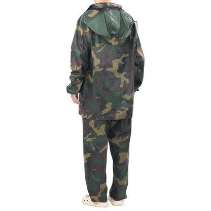 Achteraanzicht van het vidaXL 2-delige camouflage regenpak met capuchon in maat XL.