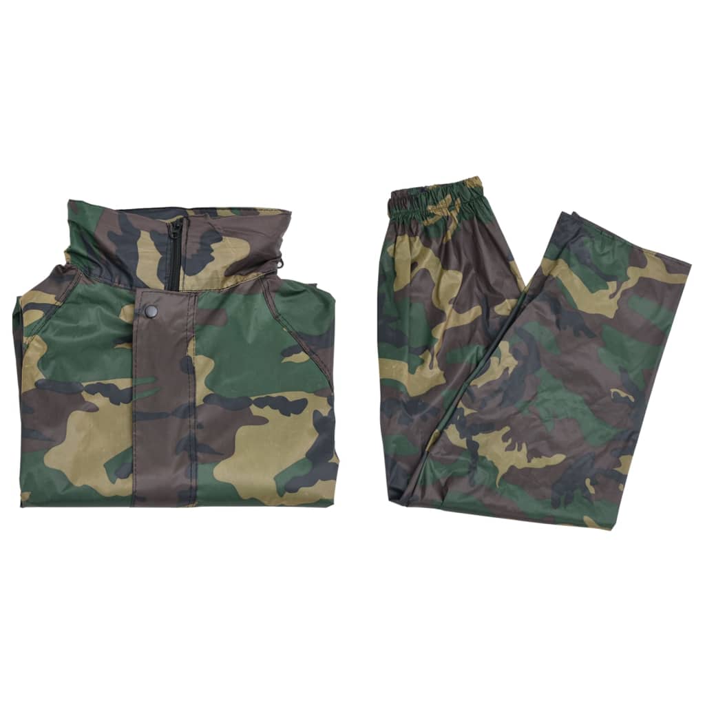 Camouflage vidaXL regenpak in maat XL, bestaande uit jas met capuchon en broek.