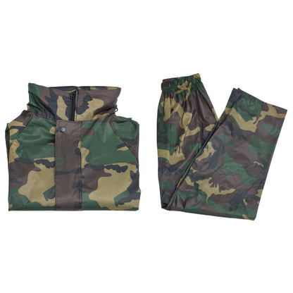 Camouflage vidaXL regenpak in maat XL, bestaande uit jas met capuchon en broek.