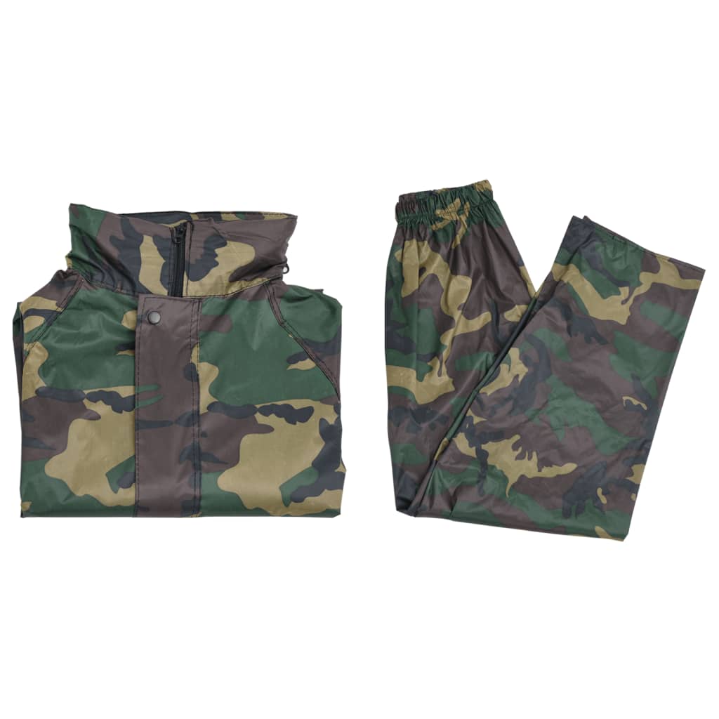 Detail van het camouflage regenpak van vidaXL, met capuchon en elastische tailleband.
