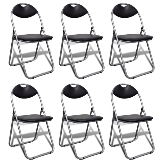 Zes zwarte inklapbare eetkamerstoelen van vidaXL met stalen frame en kunstleren bekleding.
