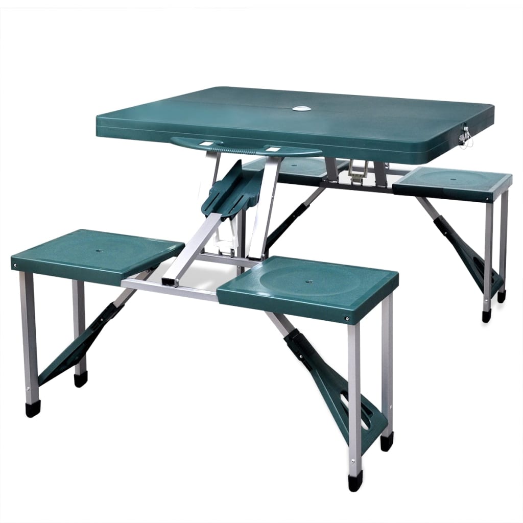 Inklapbare vidaXL campingset in groen met tafel en banken, ideaal voor buitenactiviteiten.