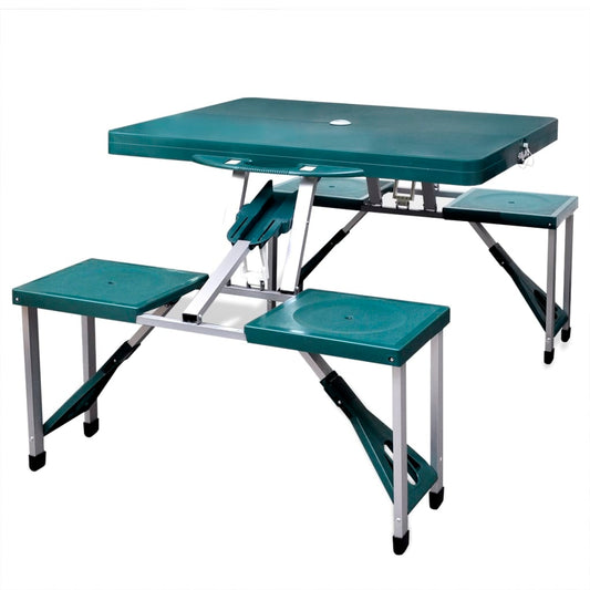 Inklapbare vidaXL campingset in groen met tafel en banken, ideaal voor buitenactiviteiten.