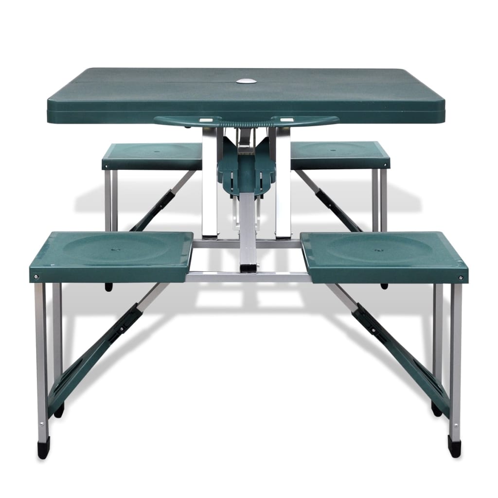 Detail van de vidaXL campingset met inklapbare tafel en vier stoelen in groen.
