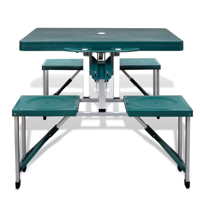 Detail van de vidaXL campingset met inklapbare tafel en vier stoelen in groen.