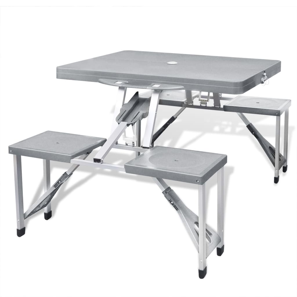 Inklapbare vidaXL campingset in grijs met tafel en vier zittingen, ideaal voor buitengebruik.
