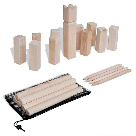 Houten Kubb spel set van vidaXL met speelstukken en opbergtas.