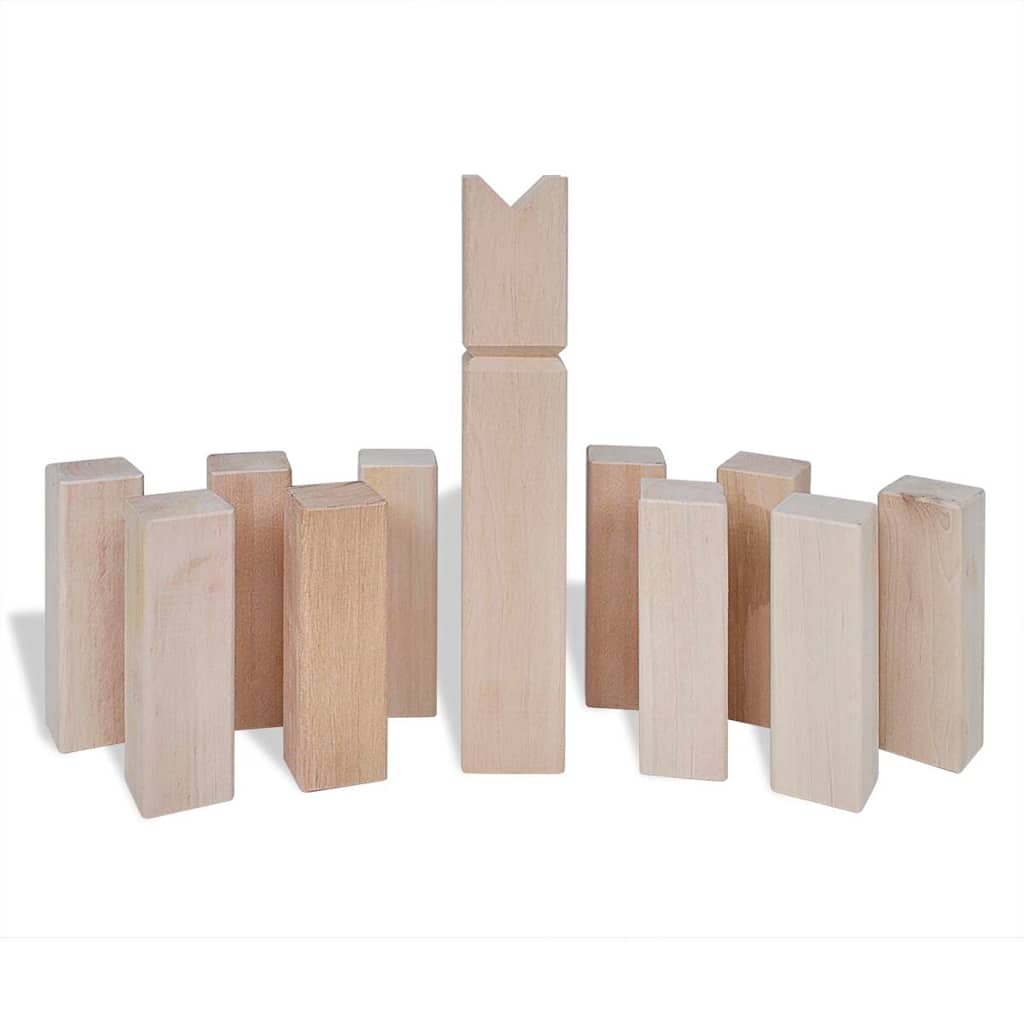 Detail van de houten Kubb blokken van vidaXL, met een centraal koning blok.