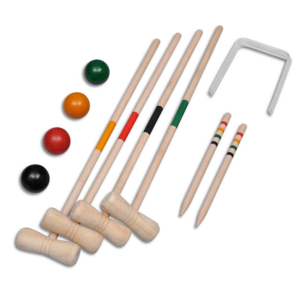 Detail van de vidaXL croquetset met houten hamers, ballen en metalen poorten.