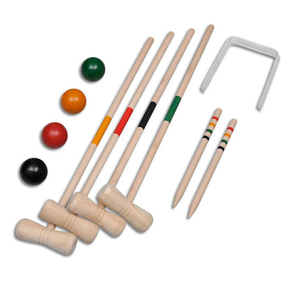 Detail van de vidaXL croquetset met houten hamers, ballen en metalen poorten.