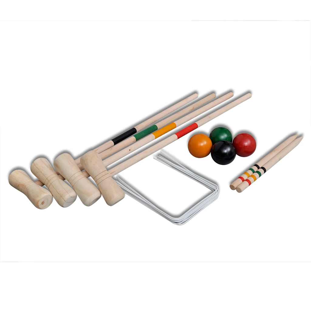 Detail van de vidaXL croquetset met houten hamers, ballen en metalen poorten.