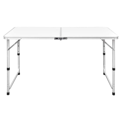 Zijaanzicht van de vidaXL inklapbare aluminium campingtafel, met een wit MDF-tafelblad.