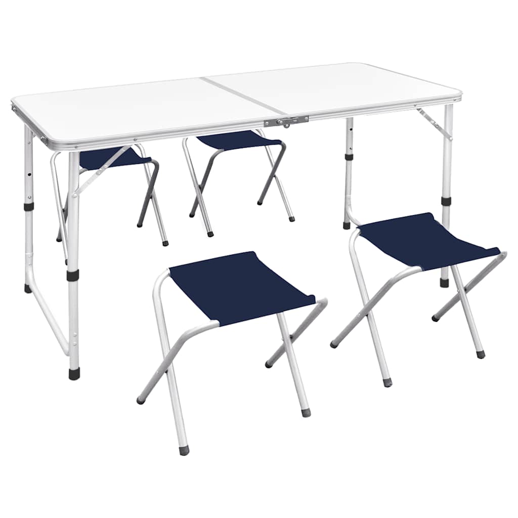 vidaXL campingset inklapbaar en verstelbaar met vier blauwe stoelen en een wit tafelblad.