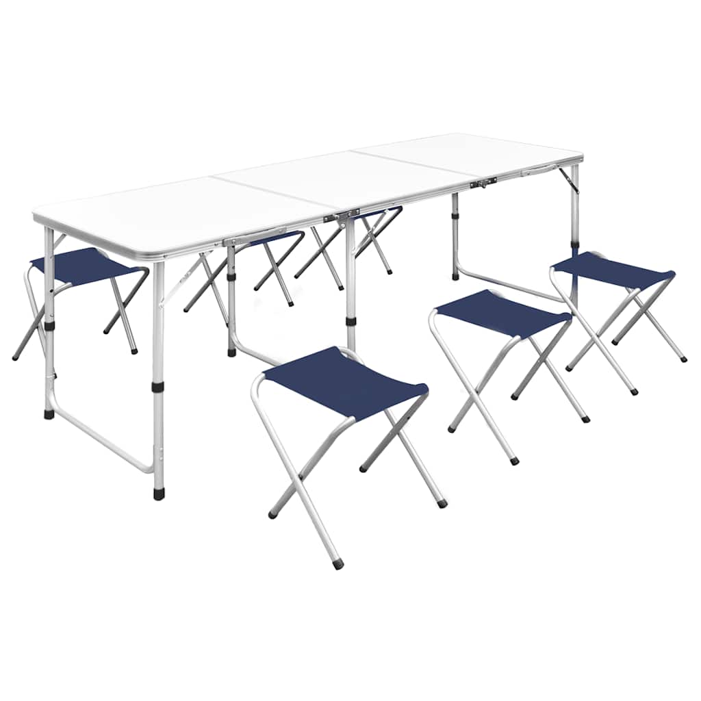 Verstelbare vidaXL campingtafel met zes krukken, in een lichtgewicht en inklapbaar ontwerp.