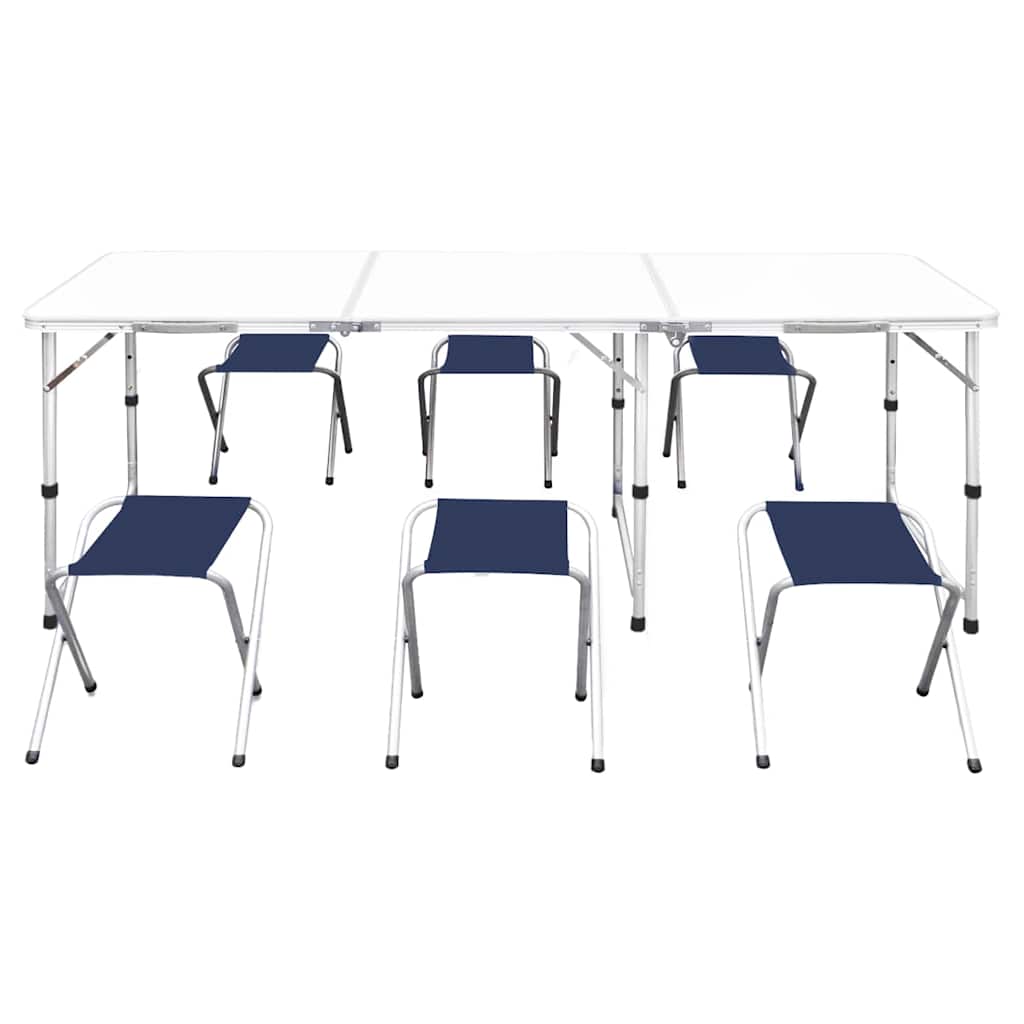 Detail van de vidaXL campingtafel met zes bijpassende krukken in navy blauw.