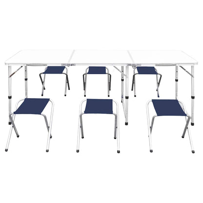 Detail van de vidaXL campingtafel met zes bijpassende krukken in navy blauw.