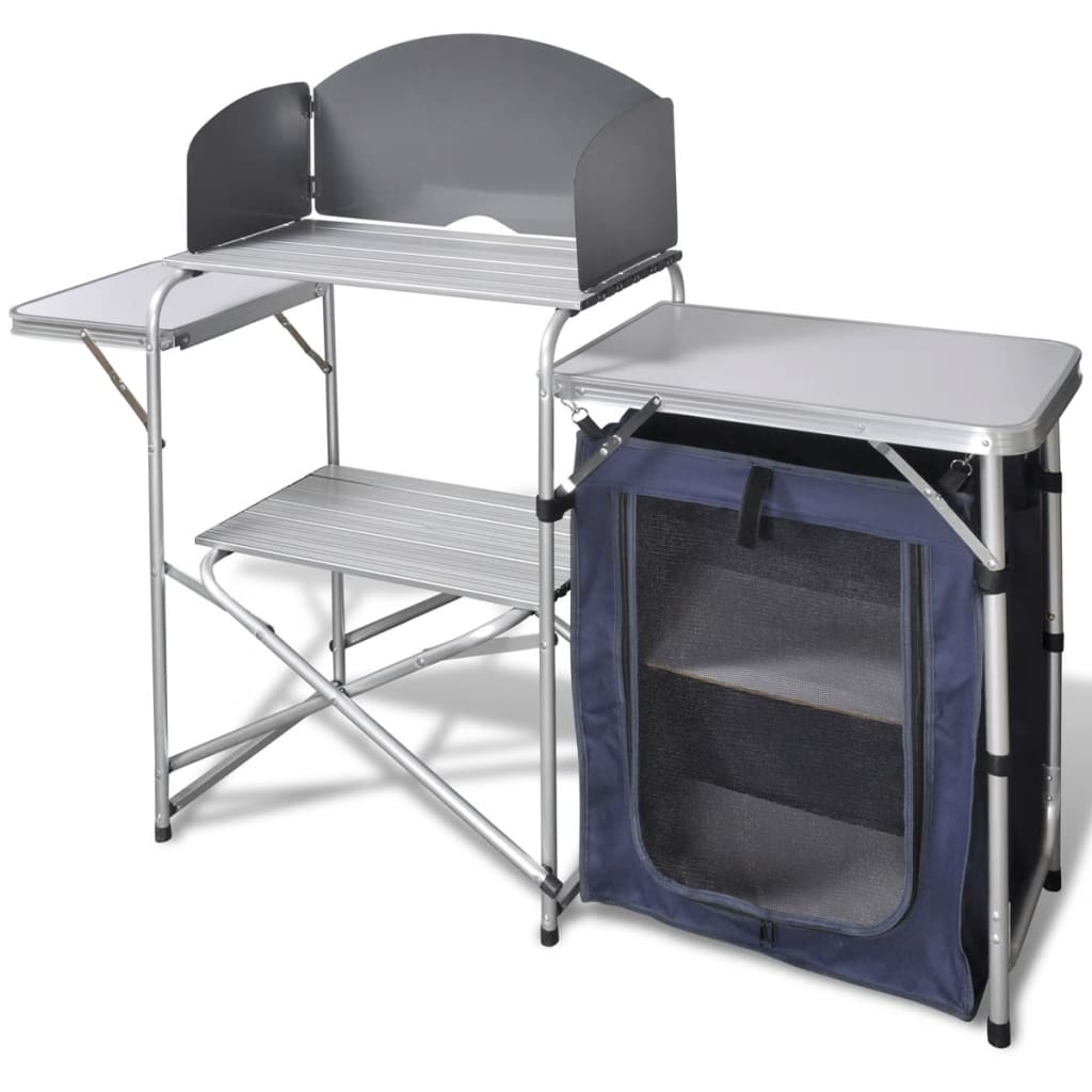 Inklapbare vidaXL campingkeuken met windscherm en opbergruimte, zijaanzicht.