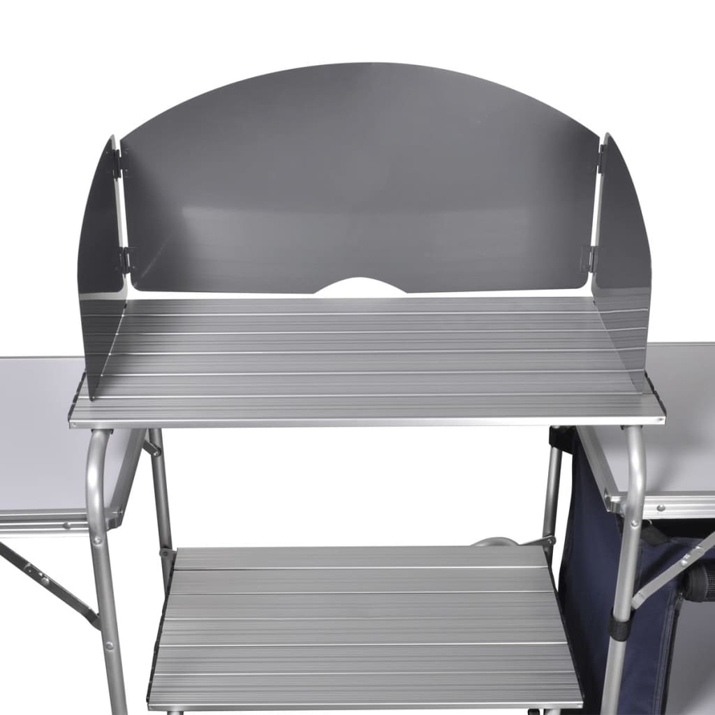 Detail van het inklapbare windscherm van de vidaXL campingkeuken in aluminium.