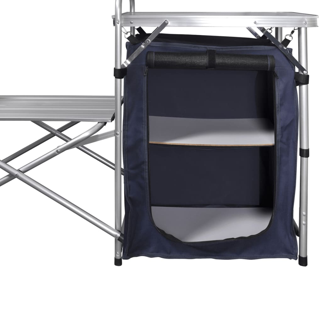 Detail van de inklapbare vidaXL campingkeuken met opbergruimte en windscherm.