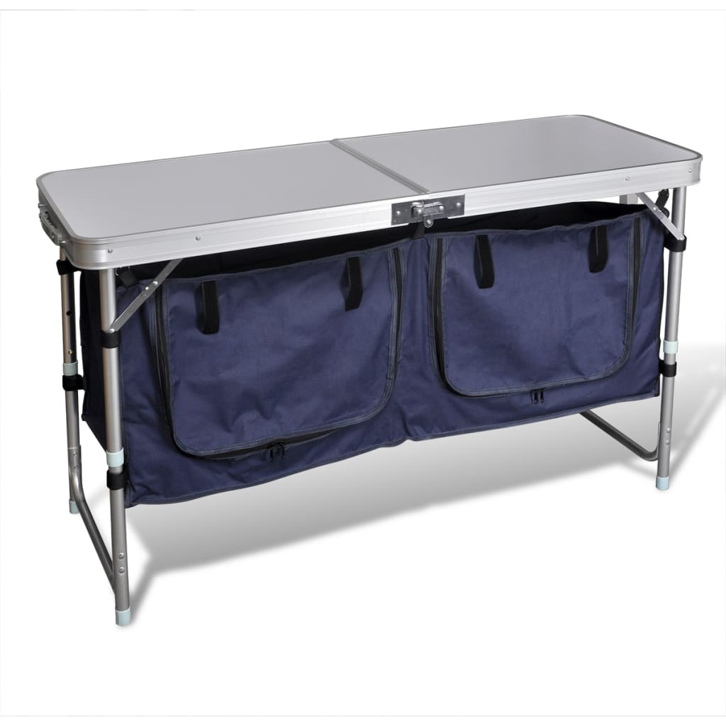 Inklapbaar vidaXL campingkastje met aluminium frame en twee grote opbergvakken.