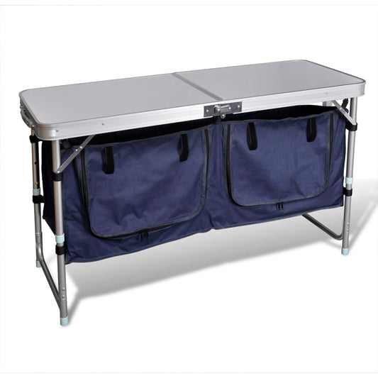 Inklapbaar vidaXL campingkastje met aluminium frame en twee grote opbergvakken.