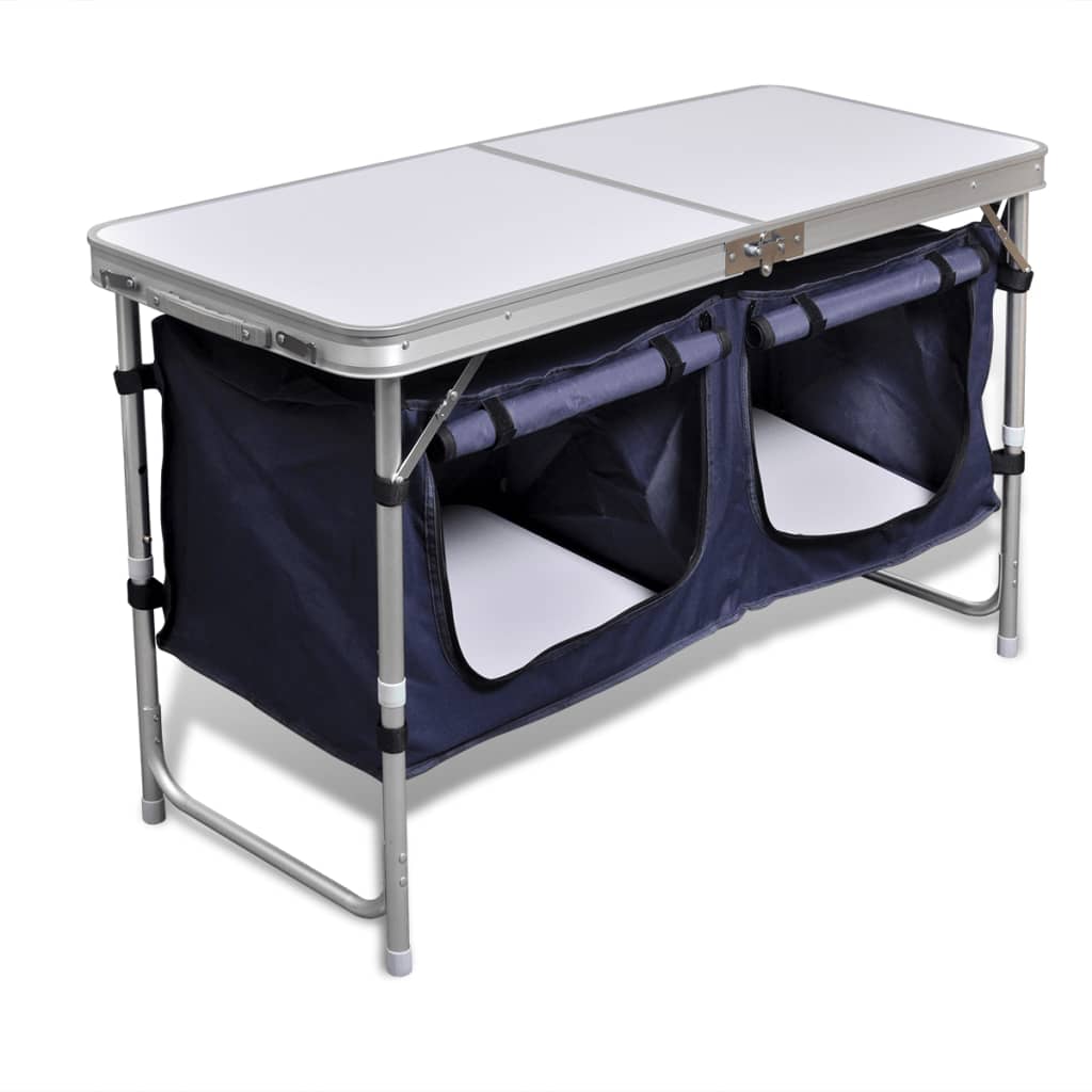 Detail van het vidaXL campingkastje met aluminium frame en twee opbergvakken.