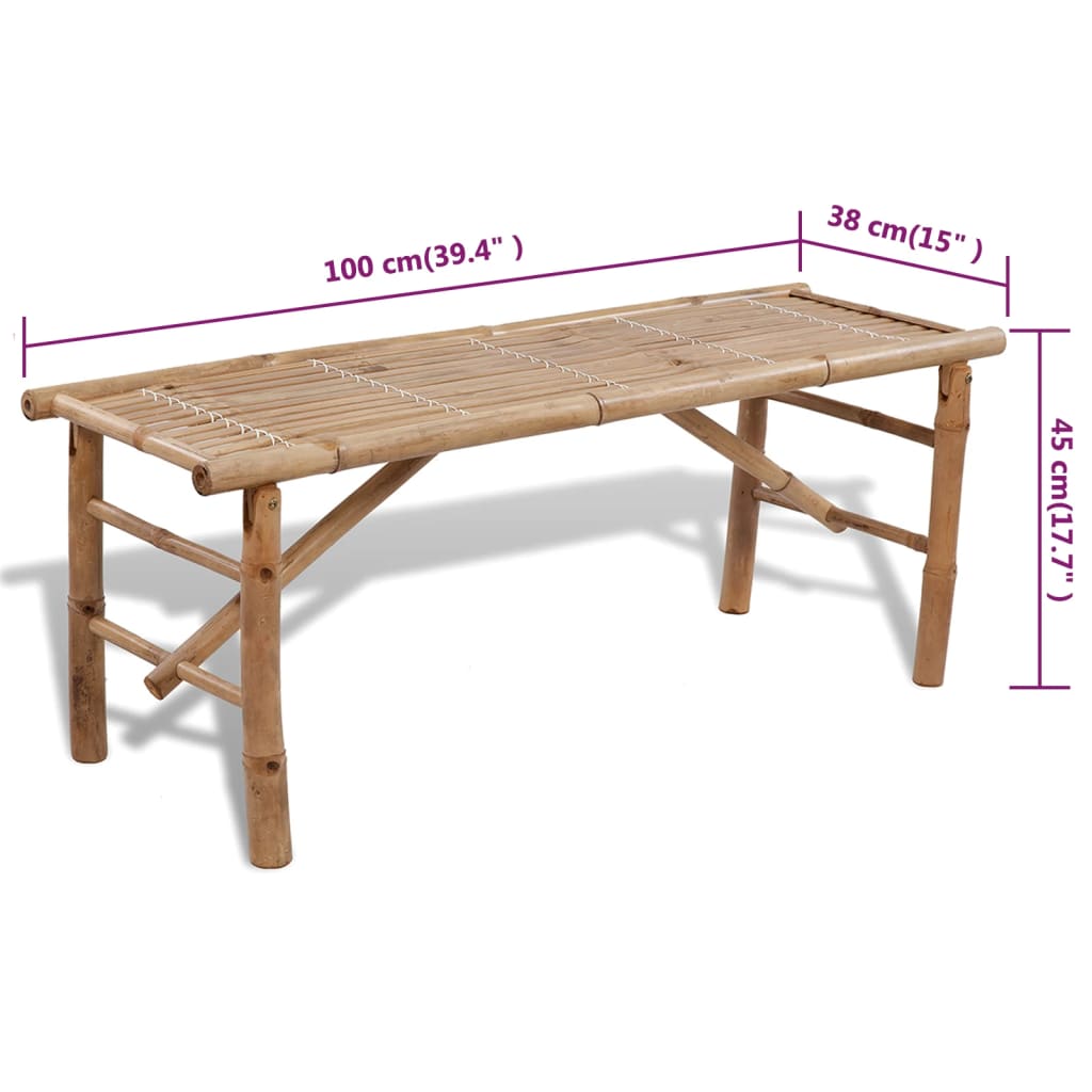 Detail van de vidaXL bamboe biertafel met afmetingen en zijaanzicht.